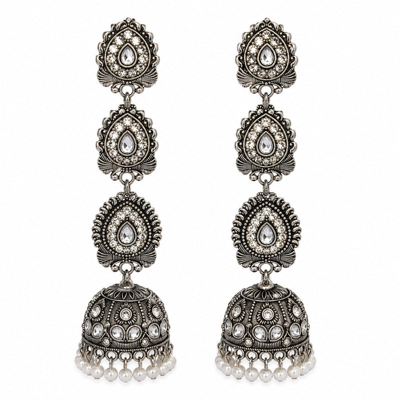 Oxidised silver triple-tier drop jhumka earrings with clear stones and pearls