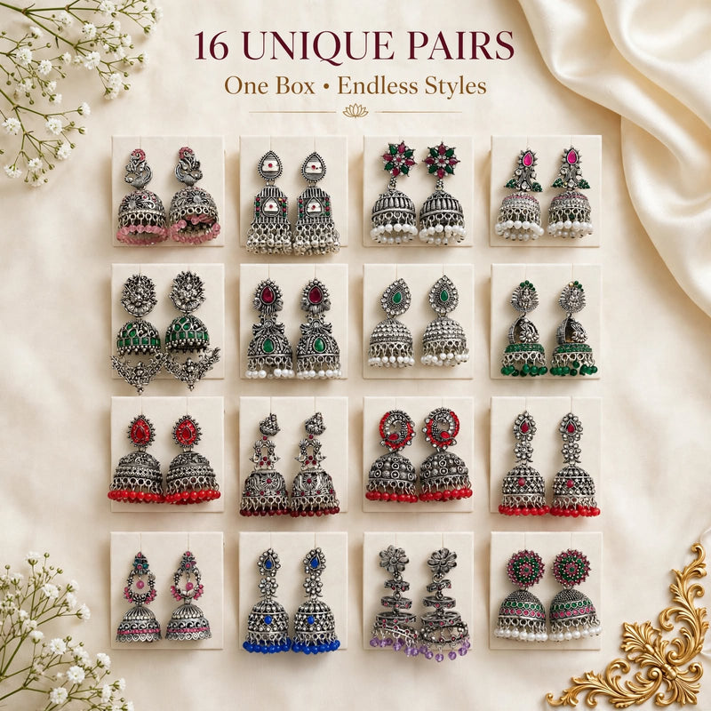16 unique oxidised silver jhumka earring designs with Lakshmi, peacock and stone-studded tops, pearl drops and coloured bead drops – Jaan Creations