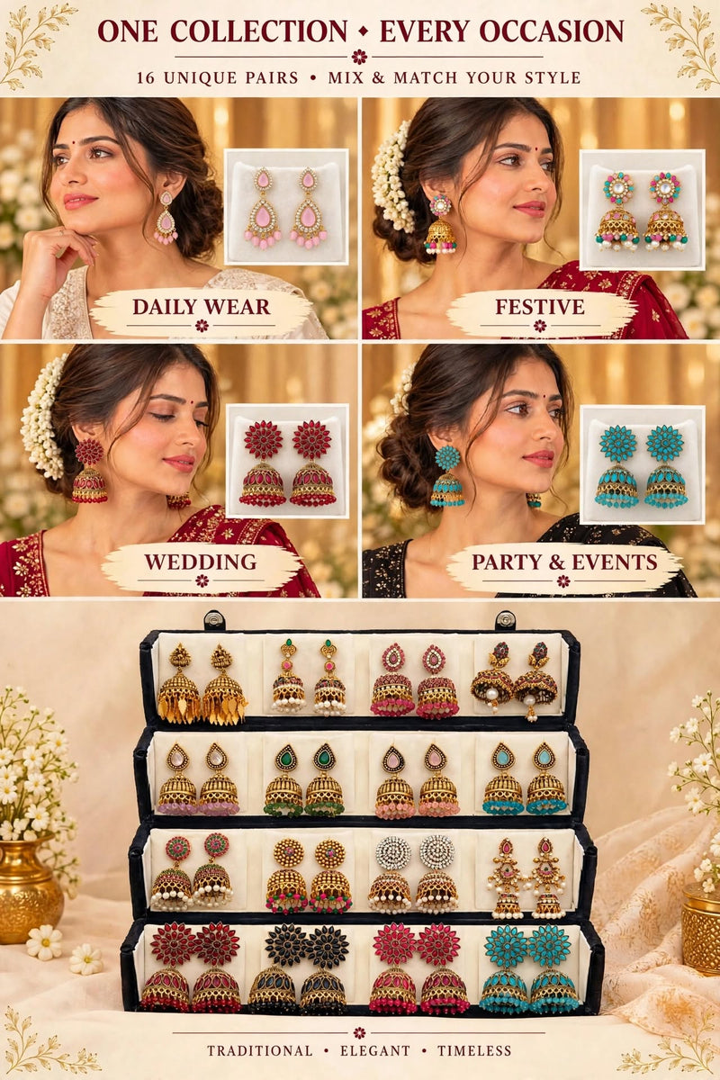 Model wearing antique gold jhumka earrings from the 16-pair box for daily wear, festive, wedding and party looks – Jaan Creations