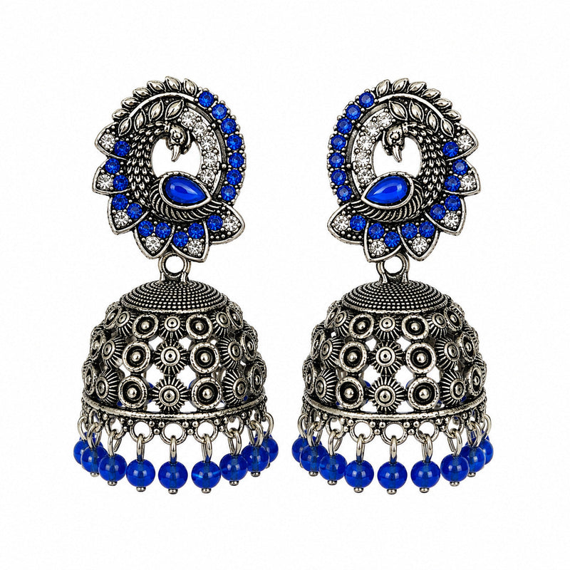 Oxidised silver peacock jhumka earrings with blue stones