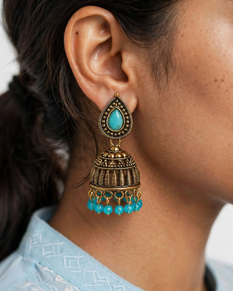 Antique Gold Ribbed Jhumka Earrings with Turquoise Stone