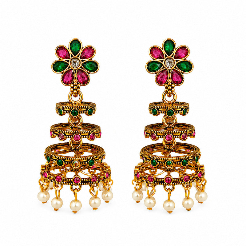 Antique gold tiered chandelier earrings with pink and green floral stud and pearls