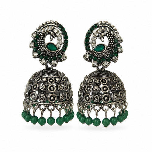 Oxidised silver enamel jhumka earrings with red and green stones