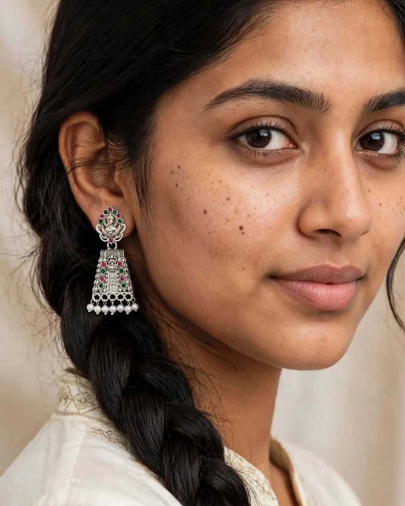 Oxidised Silver Lakshmi Chandbali Earrings with Pink and Green Stones
