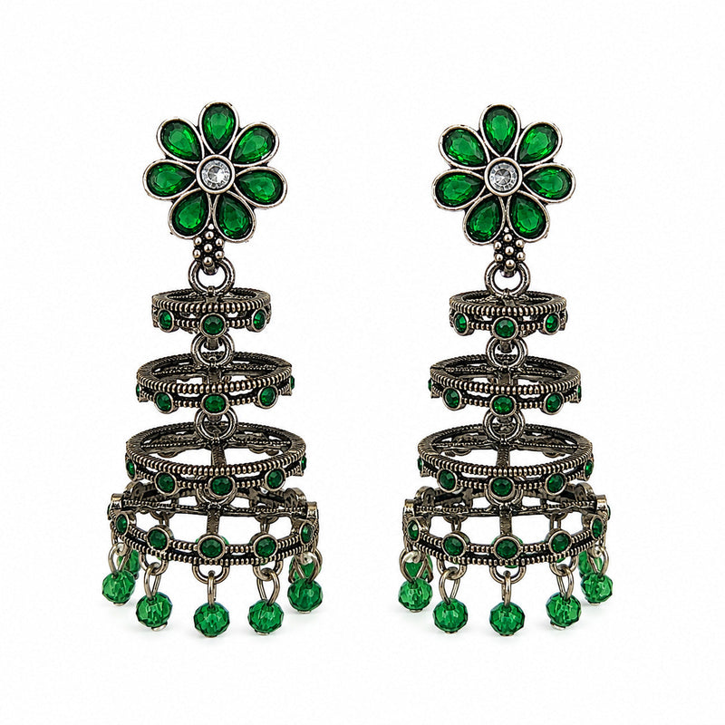 Oxidised silver chandelier earrings with green floral stud and green beads