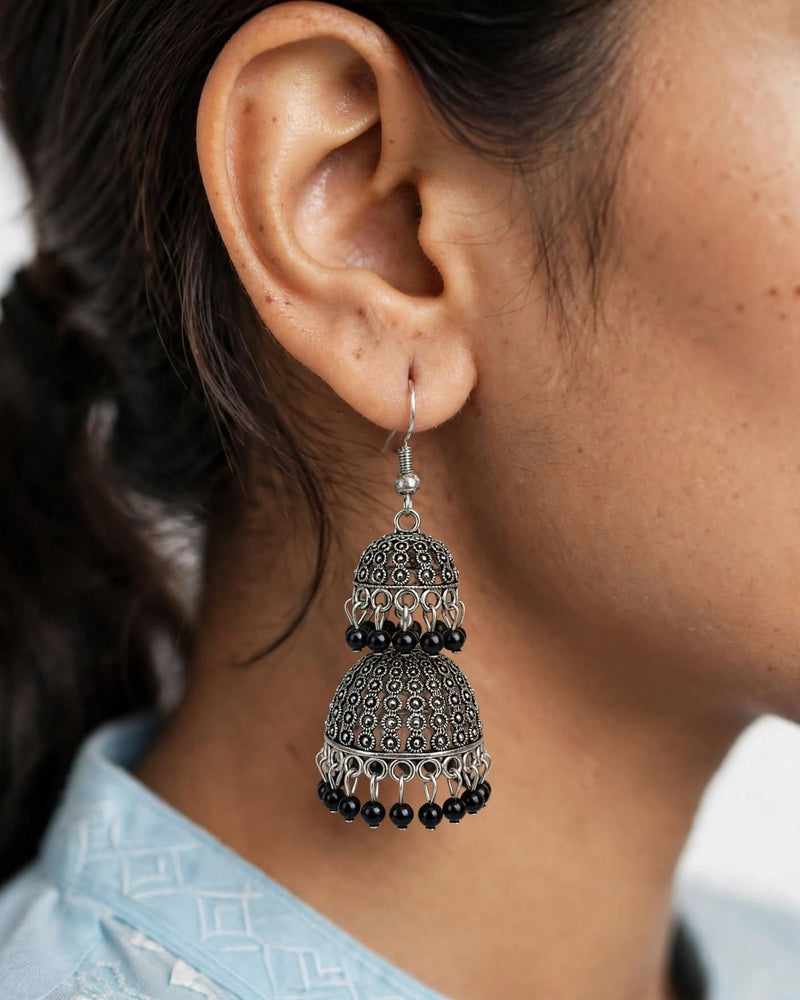 Oxidised Silver Tiered Jhumka Earrings with Black Bead Drops