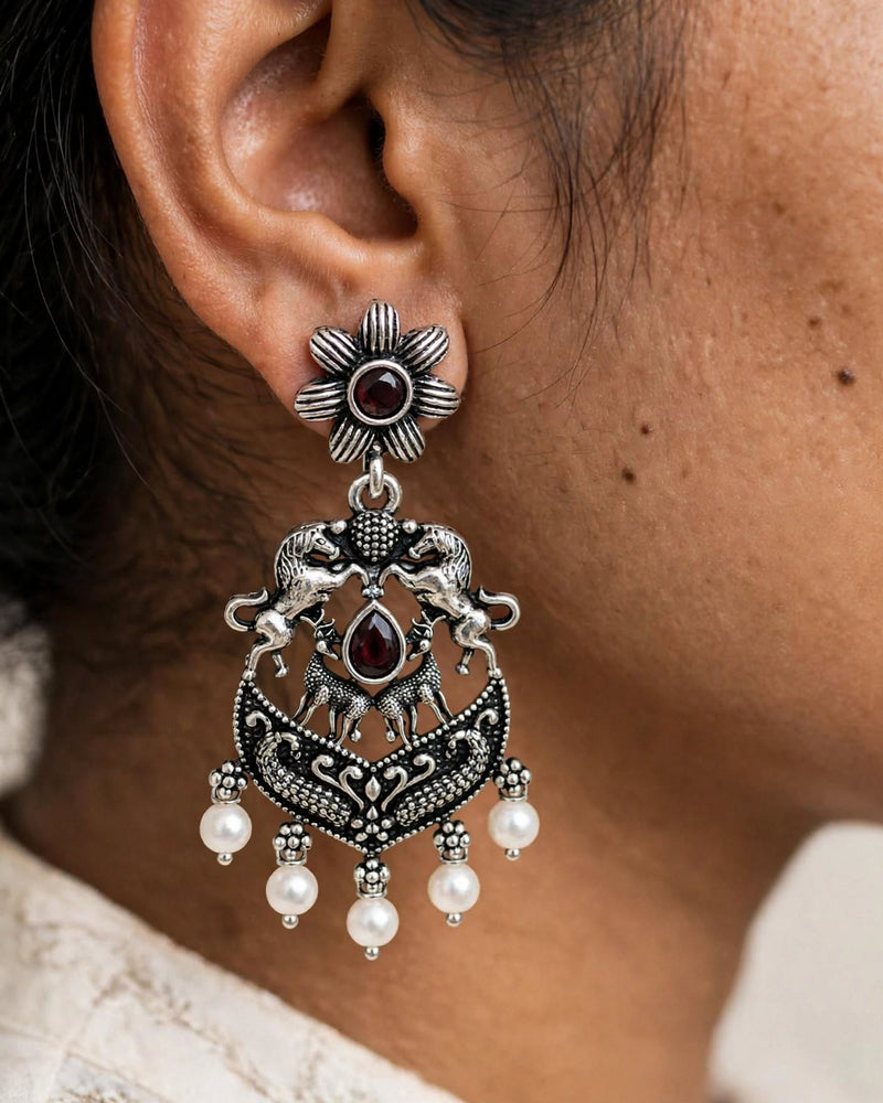 Oxidised Silver Clear Stone Jhumka Earrings with Bead Drops