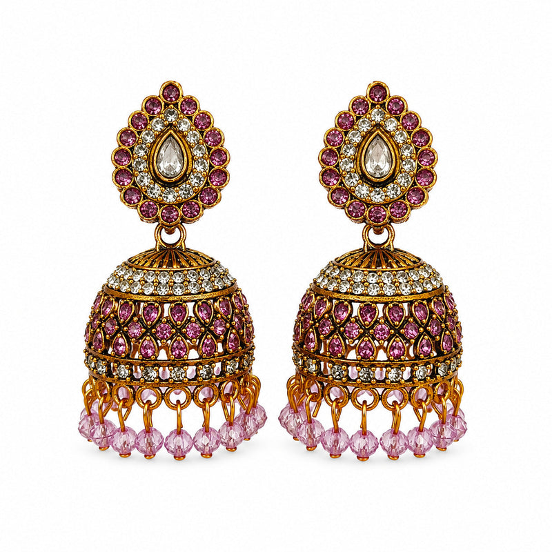Antique gold jhumka earrings with pink and clear stones and pink bead drops
