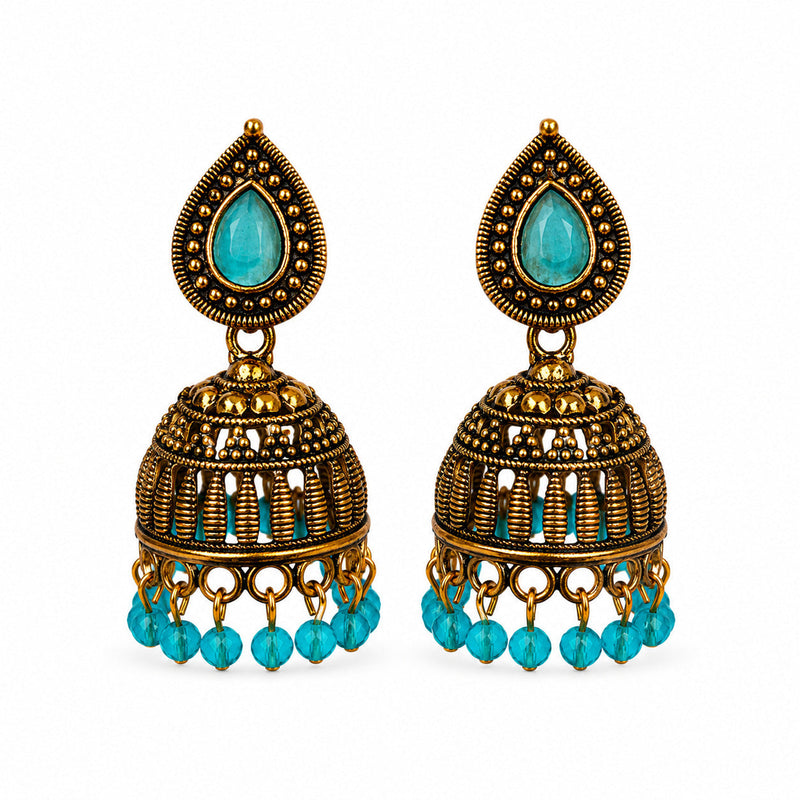 Antique gold ribbed jhumka earrings with turquoise stone