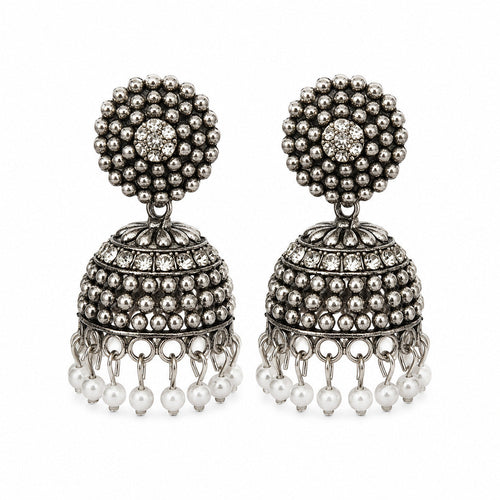 Oxidised Silver Horse Deer Medallion Chandbali Earrings