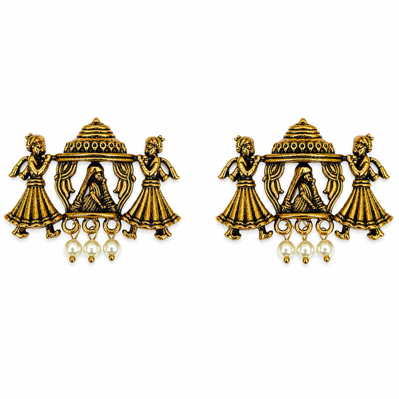 Antique gold palanquin stud earrings with pearl drops