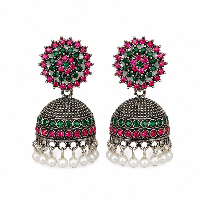 Antique Gold Teal Stone Flower Jhumka Earrings