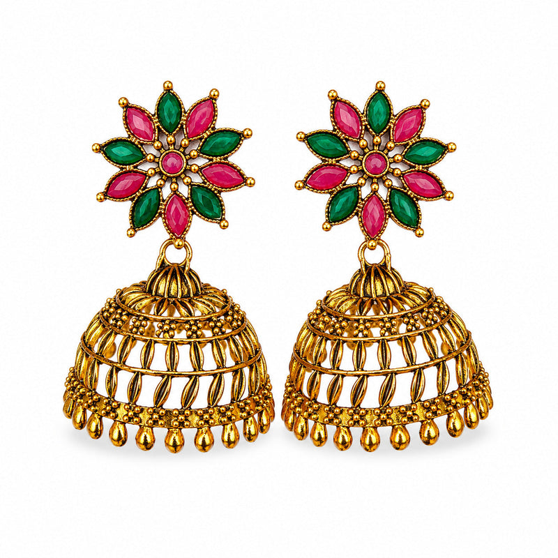 Oxidised Silver Peacock Green Stone Jhumka Earrings