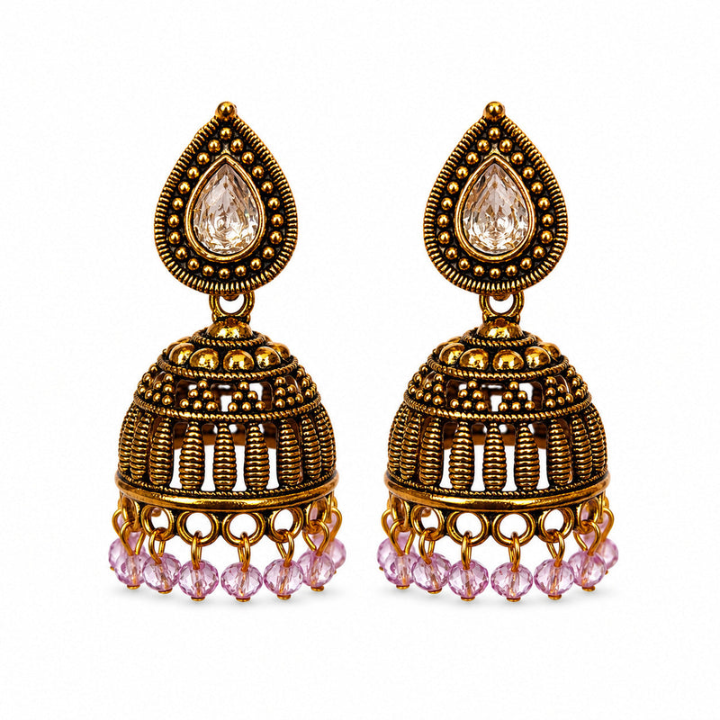 Antique gold ribbed jhumka earrings with clear stone and pink beads