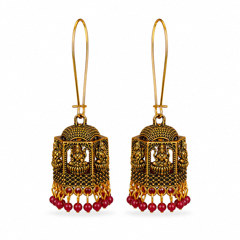 Antique gold temple lantern earrings with Lakshmi motif and red beads