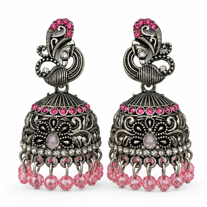Oxidised silver peacock jhumka earrings with pink stones and bead drops