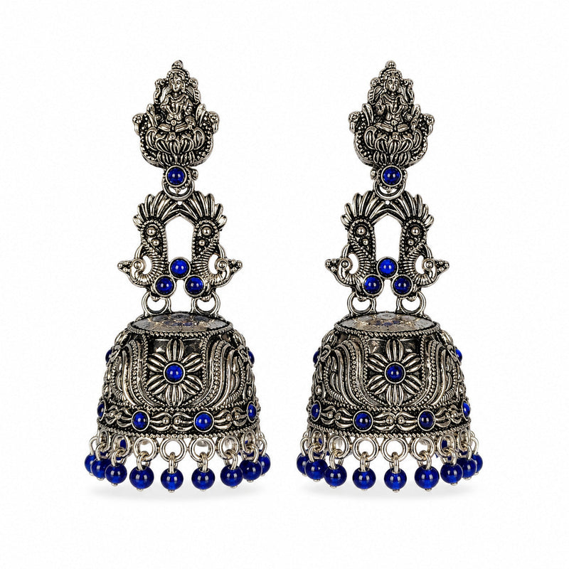 Oxidised silver Lakshmi peacock jhumka earrings with sapphire-tone beads