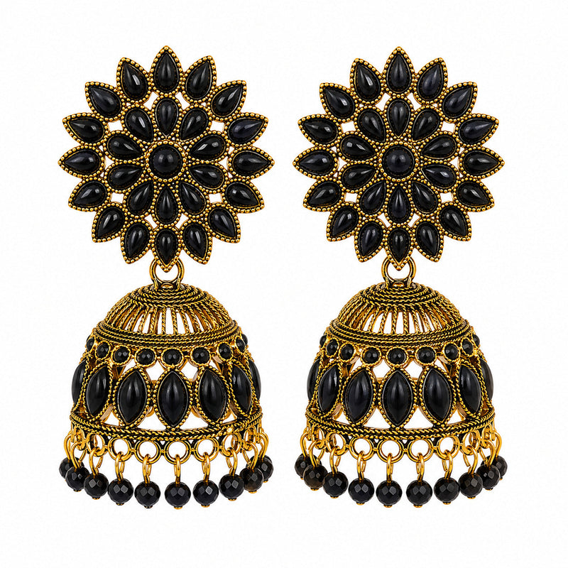 Antique gold black stone floral jhumka earrings with pearl drops