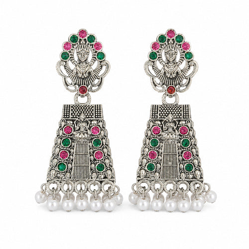 Oxidised silver Lakshmi chandbali earrings with pink and green stones