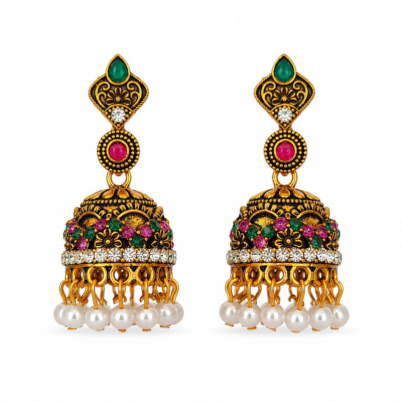 Antique gold jhumka earrings with green and pink stones and pearl drops