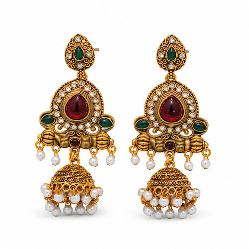 Antique gold pendant earrings with red stone and pearl drops
