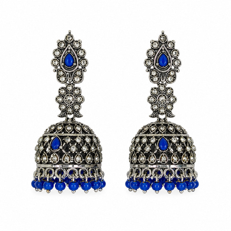 Oxidised silver Lakshmi peacock jhumka earrings with blue stones