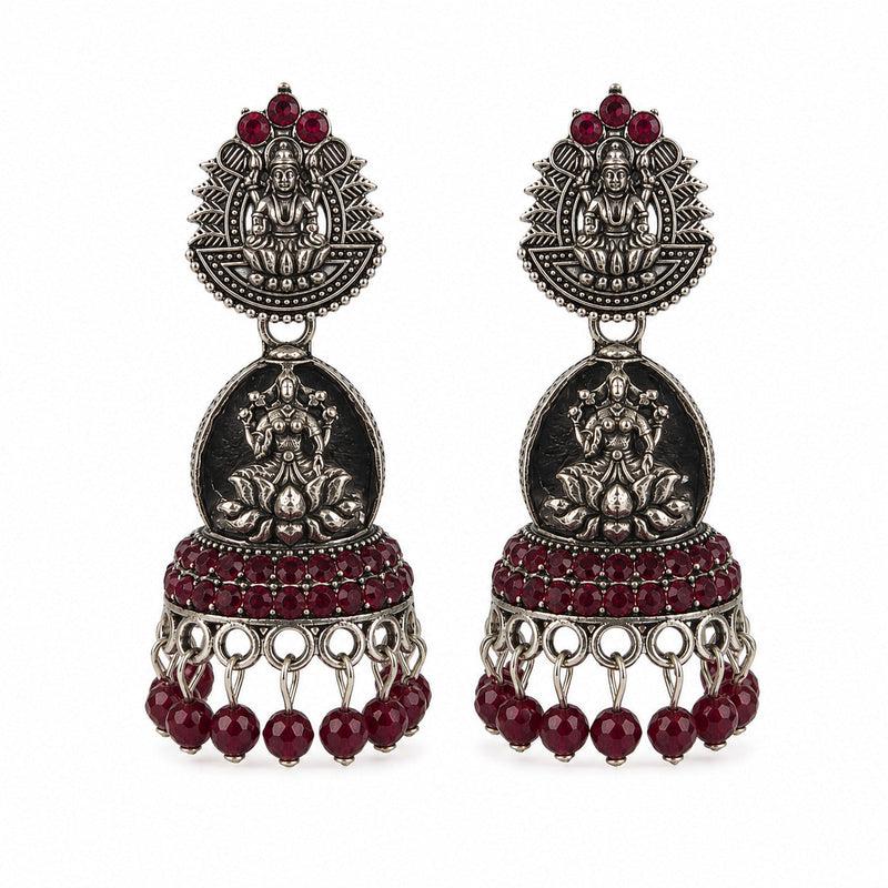 Oxidised Silver Lakshmi Red Stone Temple Earrings