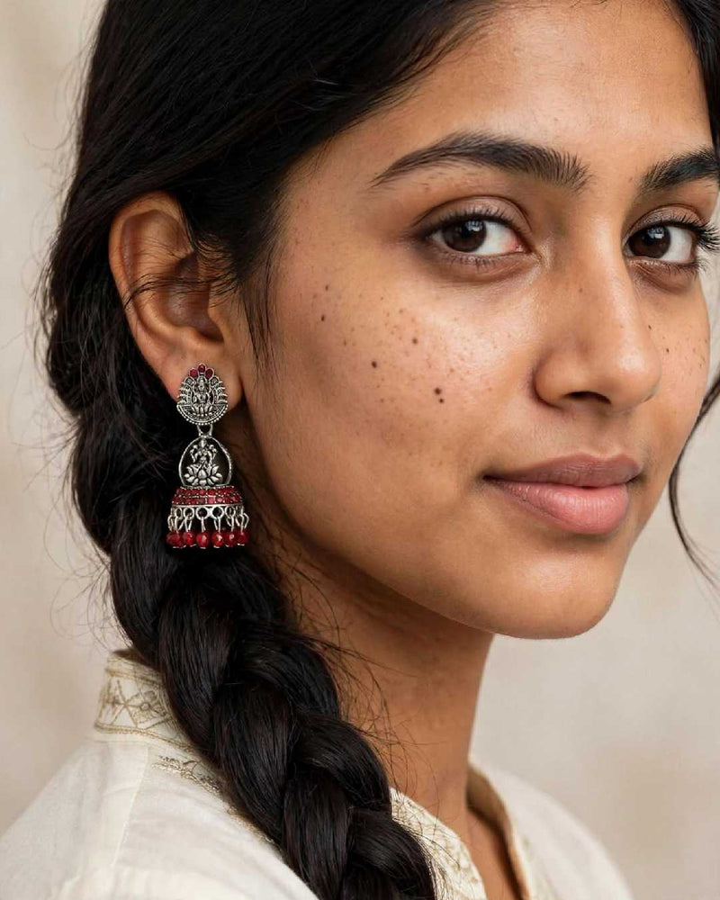 Oxidised Silver Lakshmi Maroon Stone Temple Earrings