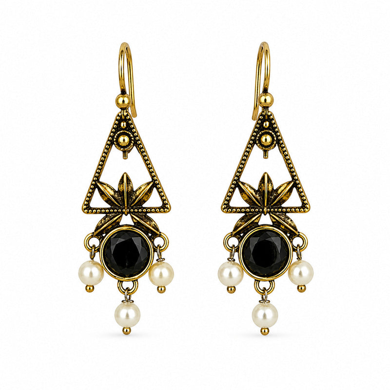 Antique gold triangle hook earrings with black stone and pearls
