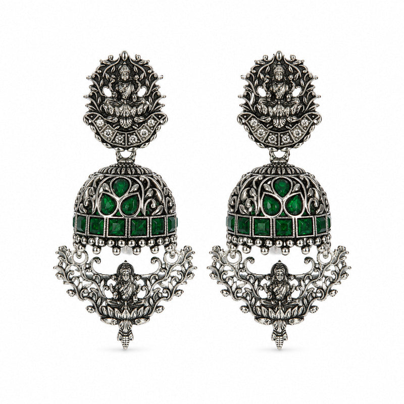 Oxidised silver Lakshmi temple jhumka earrings with green stones