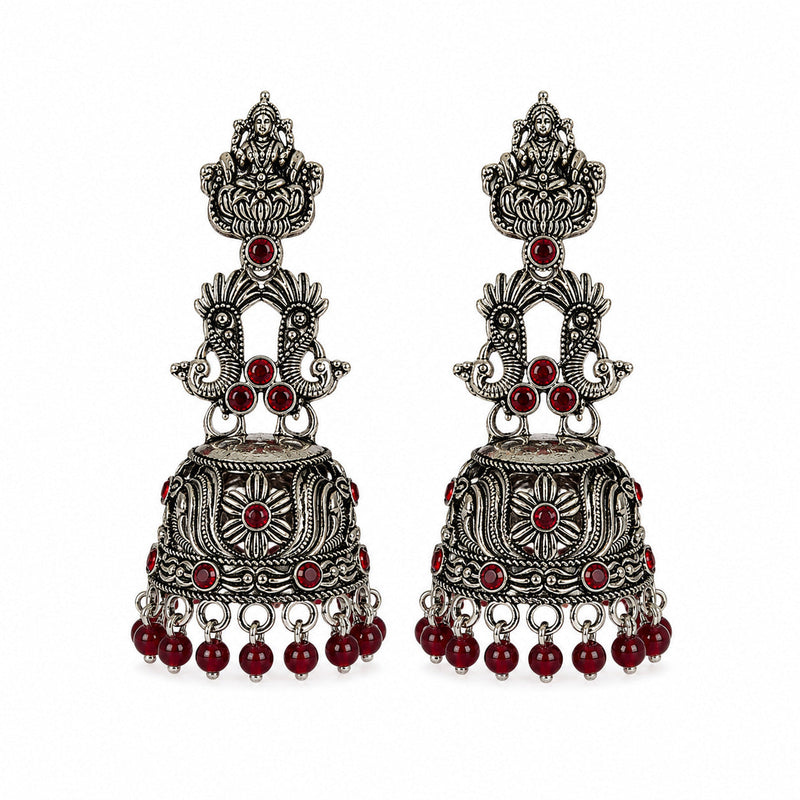Oxidised silver Lakshmi peacock jhumka earrings with red beads