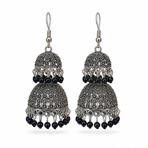 Oxidised silver tiered jhumka earrings with black bead drops