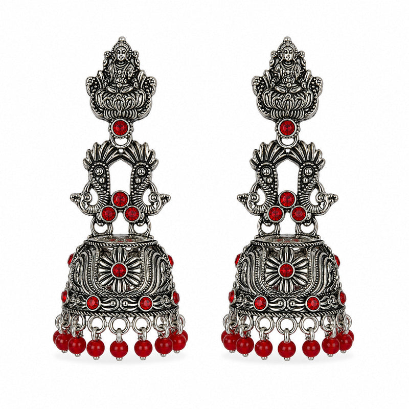 Oxidised silver Lakshmi peacock jhumka earrings with red stones