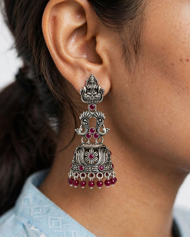 Oxidised Silver Lakshmi Peacock Jhumka Earrings with Red Beads
