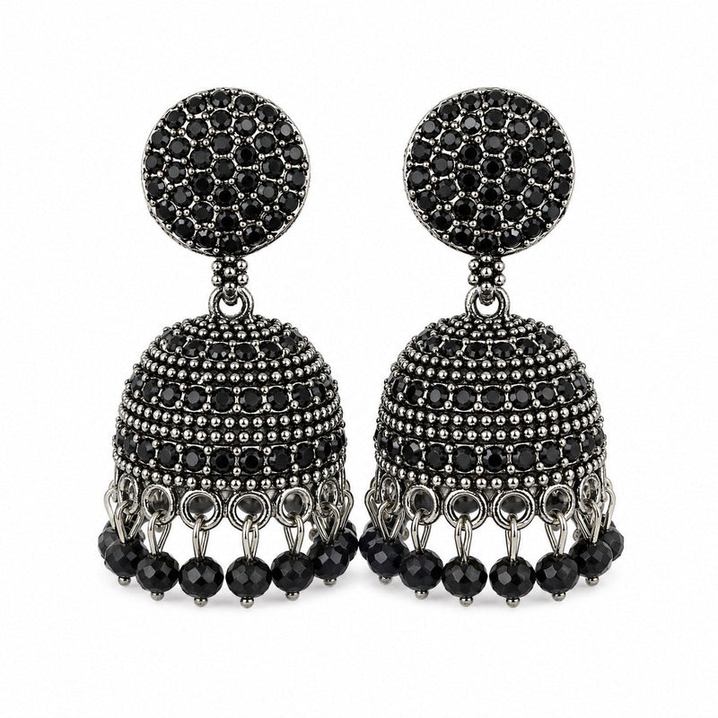 Oxidised silver jhumka earrings with black stones and bead drops