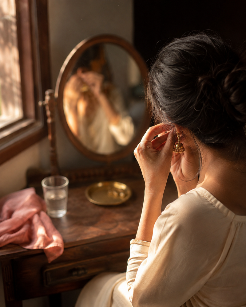 A woman at a wooden dressing table fastening a gold jhumka earring in morning light