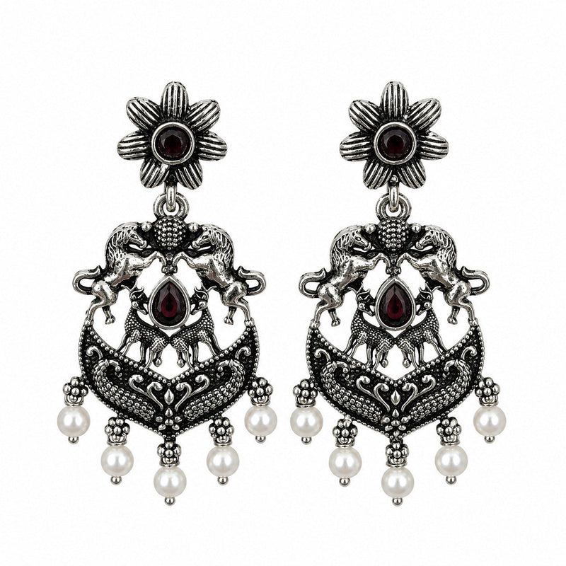 Oxidised silver clear stone jhumka earrings with bead drops