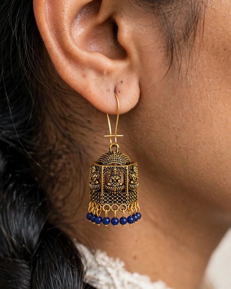 Antique Gold Temple Lantern Earrings with Lakshmi Motif and Blue Beads