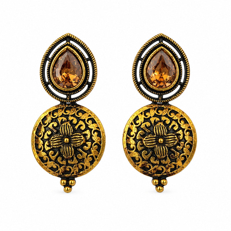 Antique gold drop earrings with amber pear stone and carved floral disc