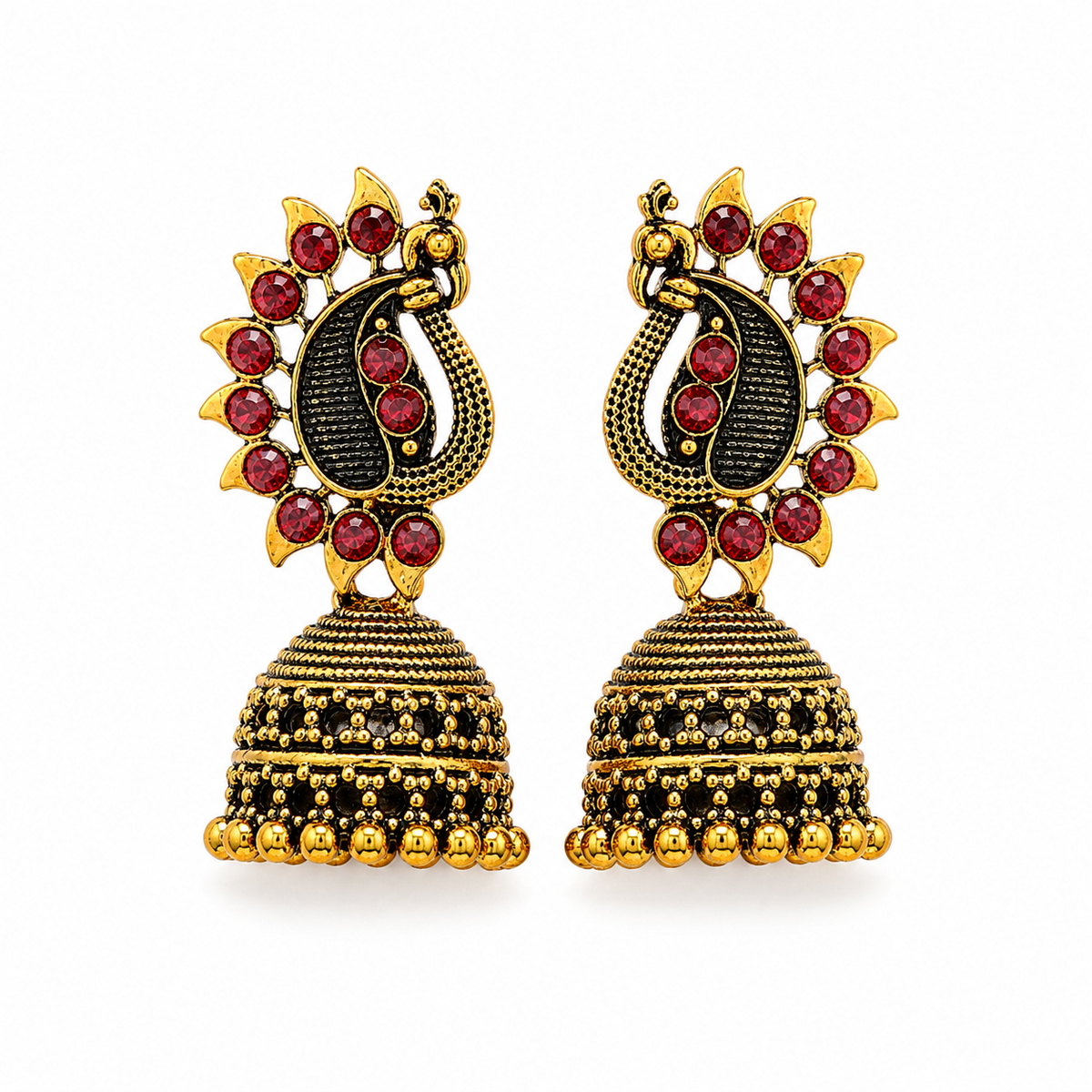 Antique gold peacock jhumka earrings with red stones beside oxidised silver designs