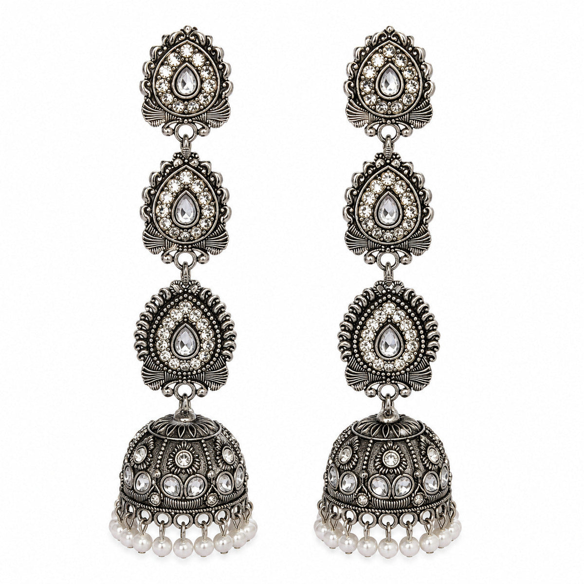 Oxidised silver triple-tier drop jhumka earrings with clear stones and pearls