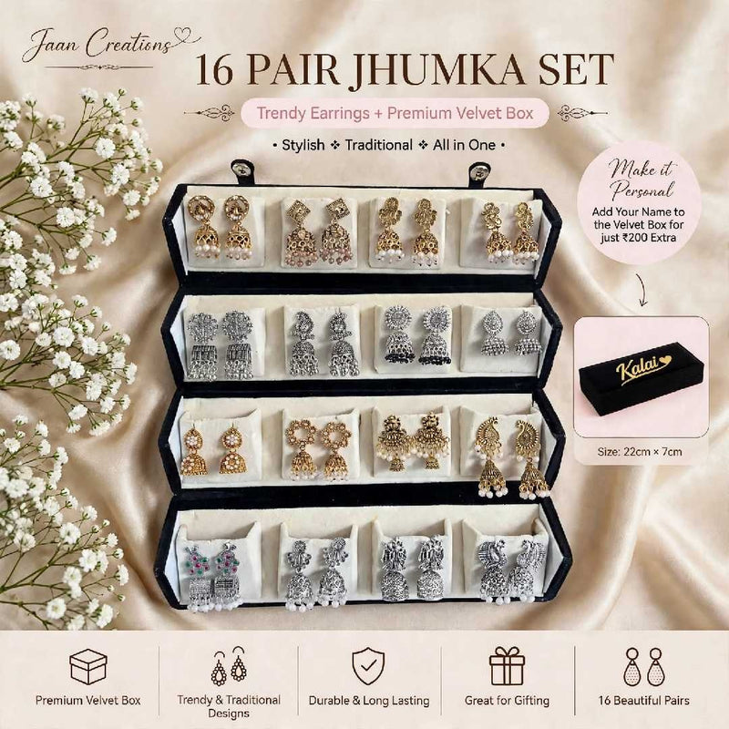 16 pair jhumka set in a premium velvet box, with a name on the box for ₹200 extra – Jaan Creations