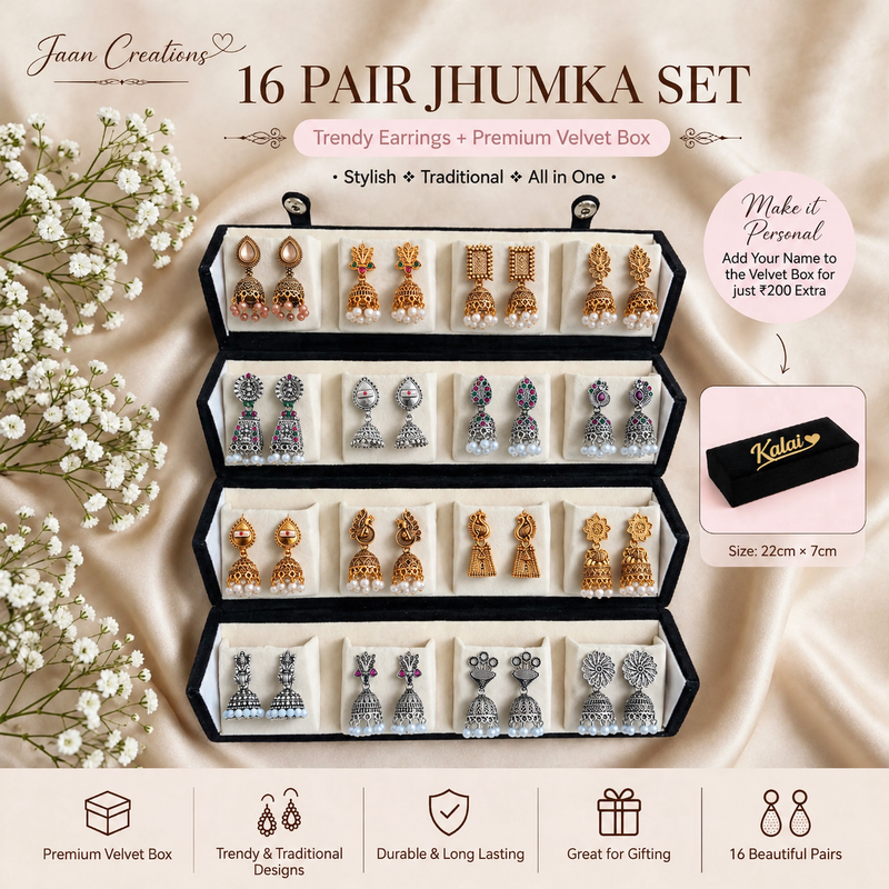 16 pair temple jhumka set in a black velvet box, with a name on the box for ₹200 extra – Jaan Creations