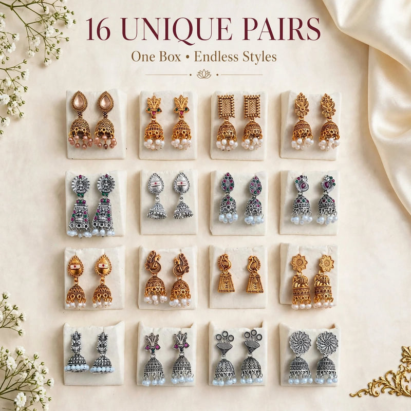 16 unique jhumka earring designs – 8 antique gold and 8 oxidised silver pairs with Lakshmi temple, peacock, elephant and pink-green stone styles – Jaan Creations