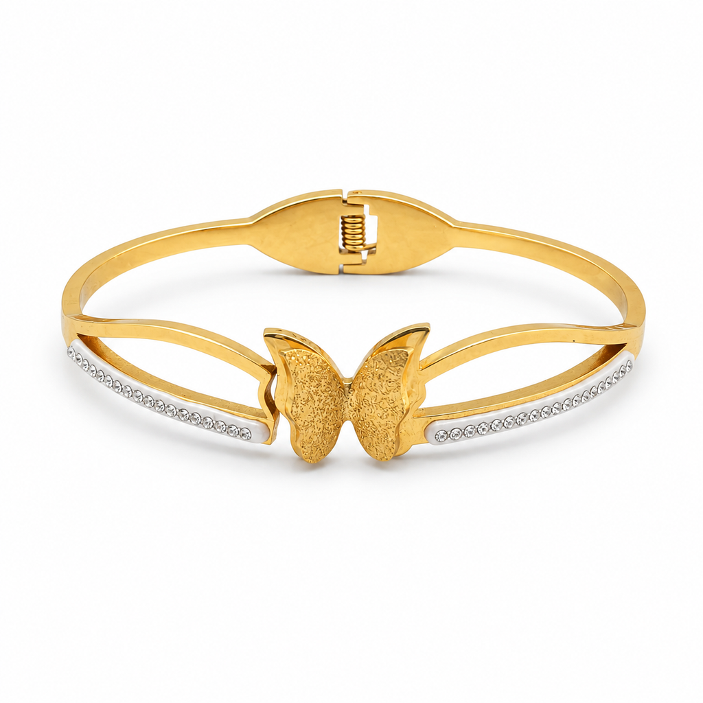 Gold butterfly bangle bracelet with crystal band