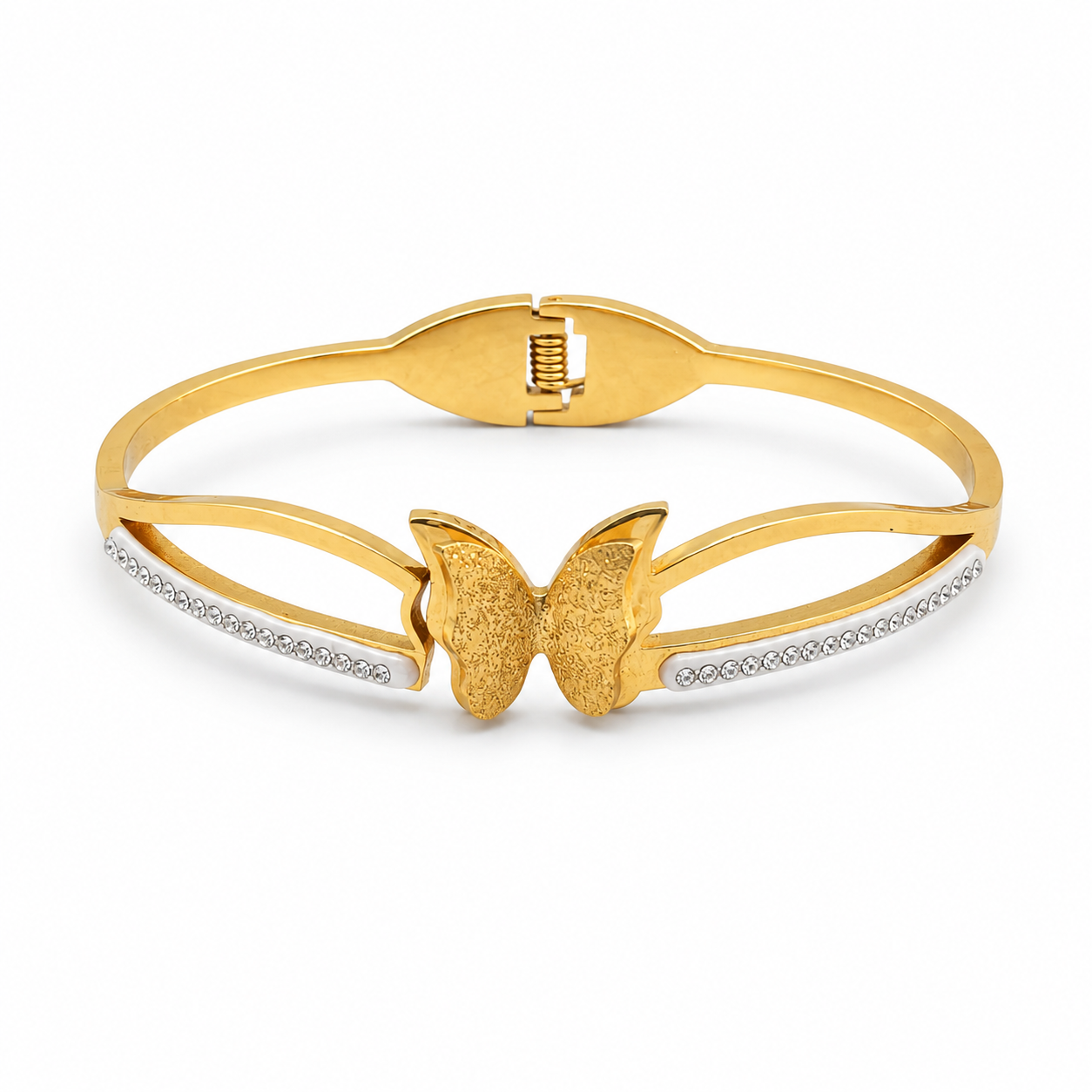 Gold butterfly bangle bracelet with crystal band