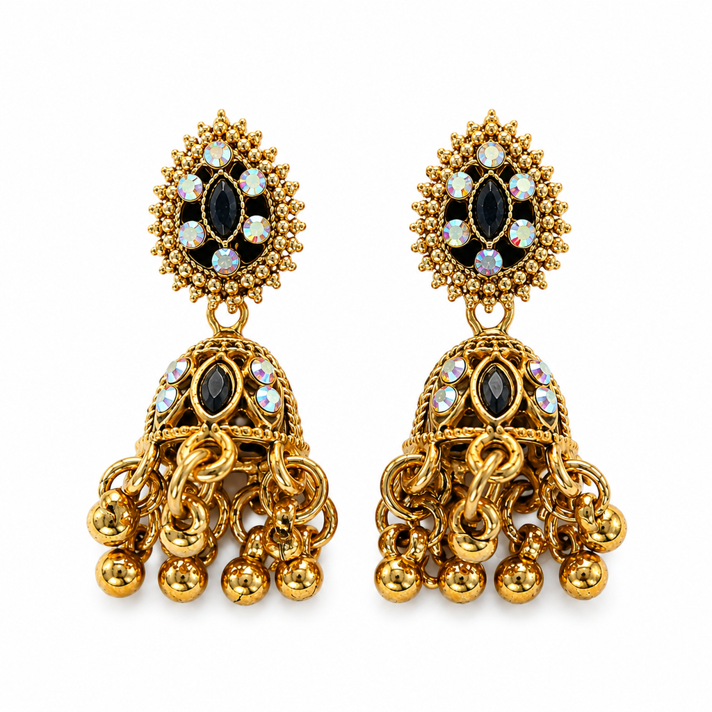Antique gold jhumka earrings with black stone and gold bead drops