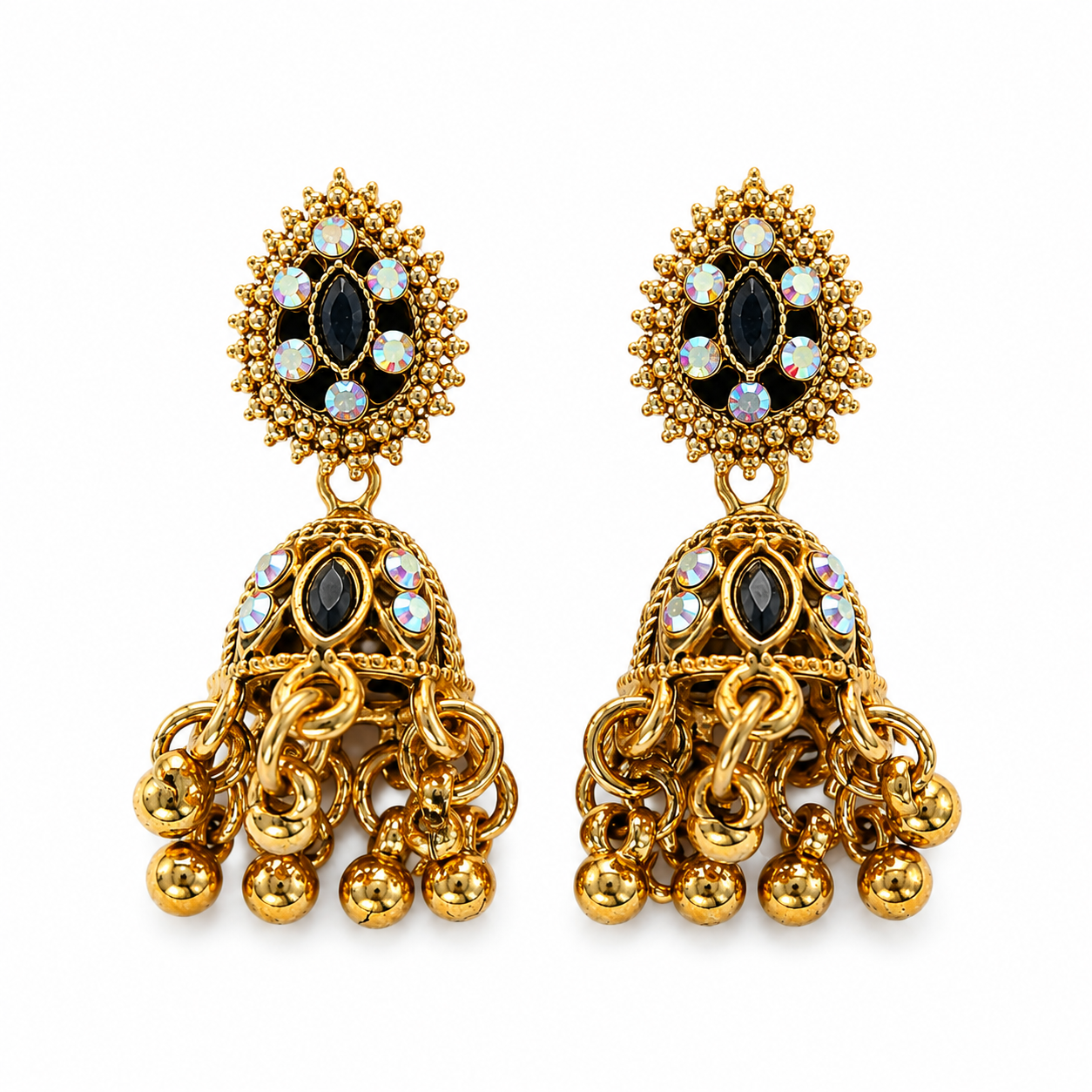 Antique gold jhumka earrings with black stone and gold bead drops