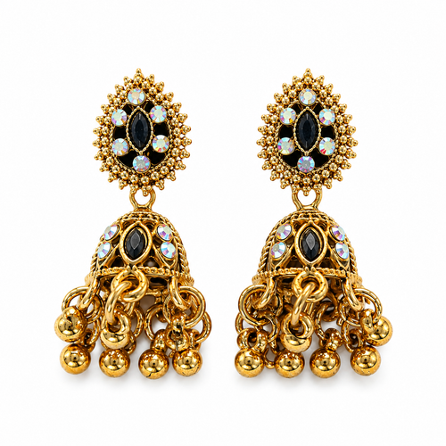 Antique gold jhumka earrings with black stone and gold bead drops