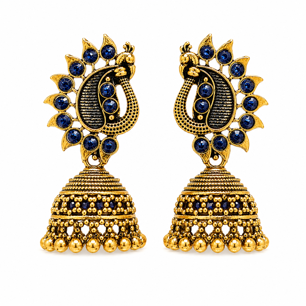 Antique gold peacock jhumka earrings with blue stones on white background